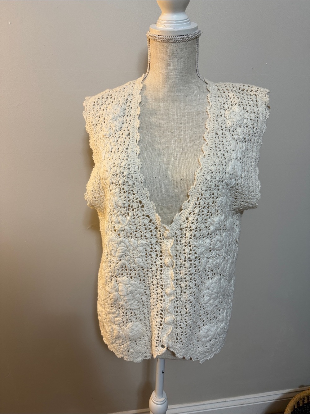 Vintage White Stag Cream Crochet Vest with Button Detail Cottagecore